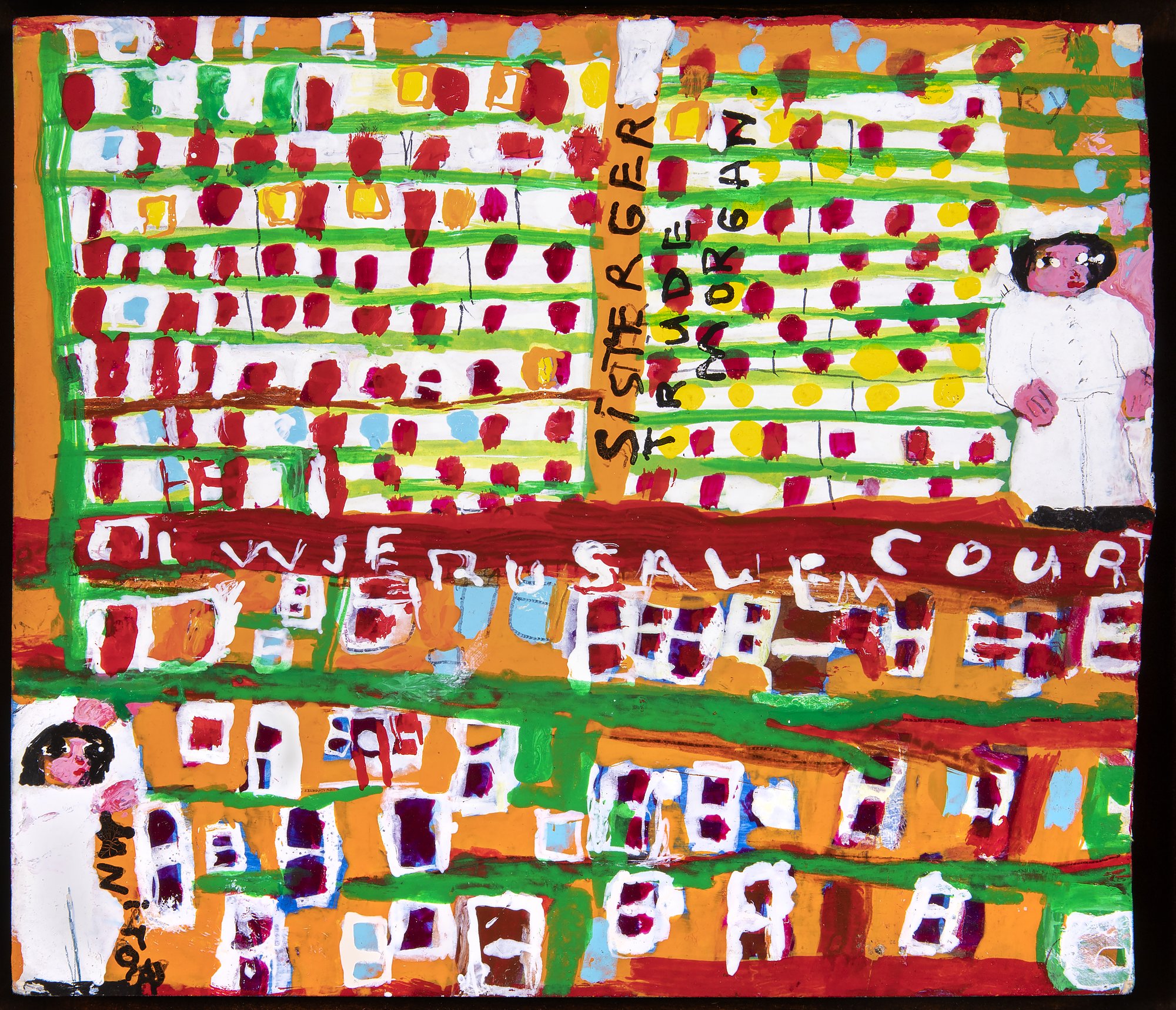 Photo of Sister Gertrude Morgan's artwork titled "New Jerusalem Court"